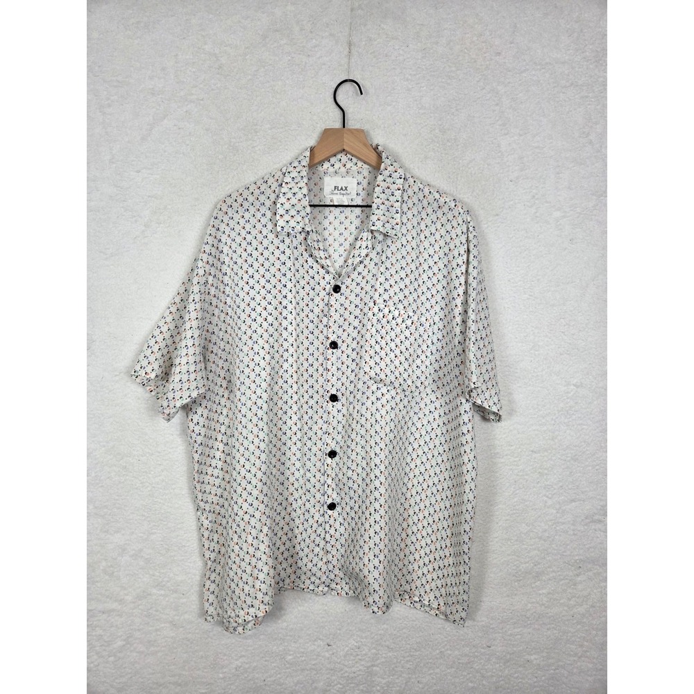 Vtg FLAX Mens Linen Button Down Camp Shirt M Geometric Print Coastal Casual